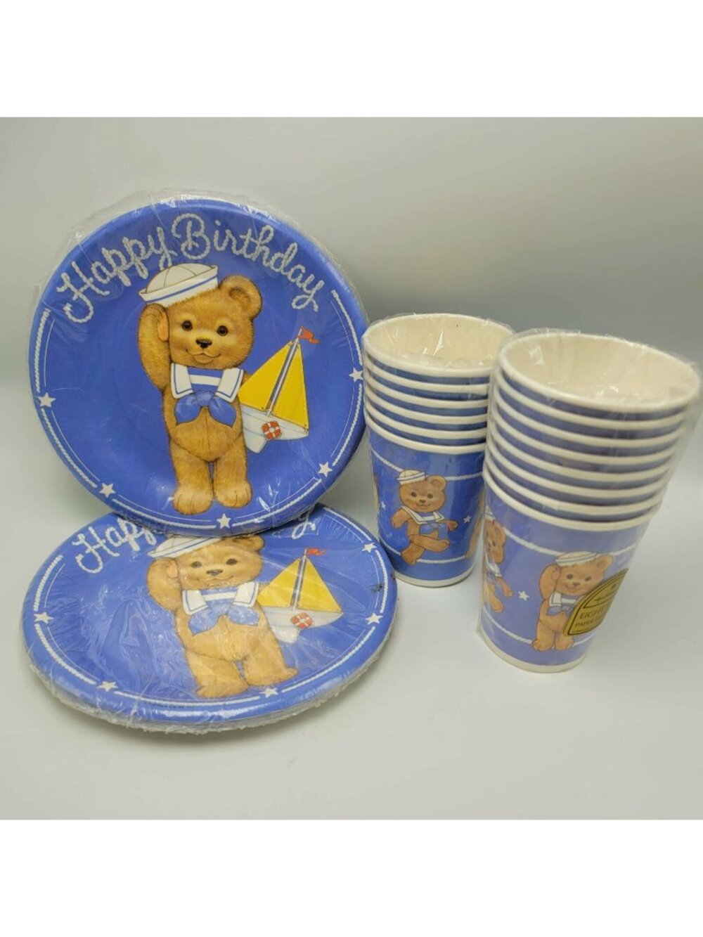 Teddy Bear Navy Sailor Party Cups Plates Happy Birthday Blue Boy Hallmark Set 16